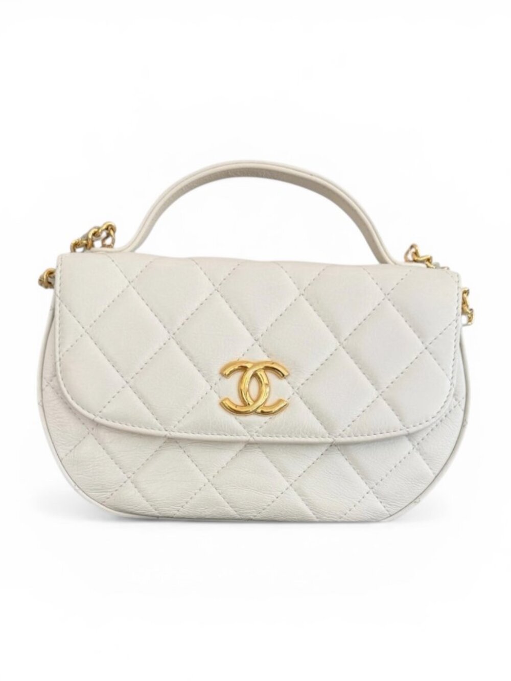 Chanel Mini Top Handle Flap Crossbody Bag White Quilted Lambskin Gold HW